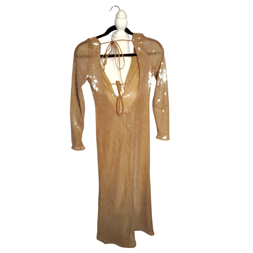 Bardot Sequin Open Back Midi Dress Tan Champagne Long Sleeve Tie Neck Size 6 - Picture 4 of 10